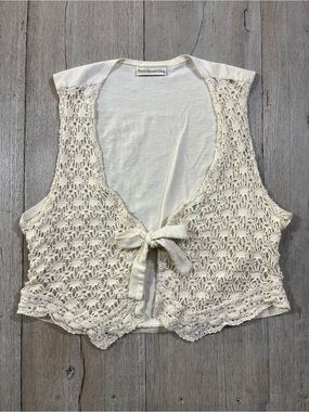 Vintage Paris Sport Club Ivory Crochet Tie Front Vest Size M